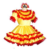 Fondcosplay Lockable Sissy Maid Satin Dress Yellow with Red Lace Crossdressing Costume [G3942]