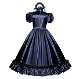 Fondcosplay Handmade Lockable Sissy Maid Dress Black Satin Crossdressing Outfit [G3988]