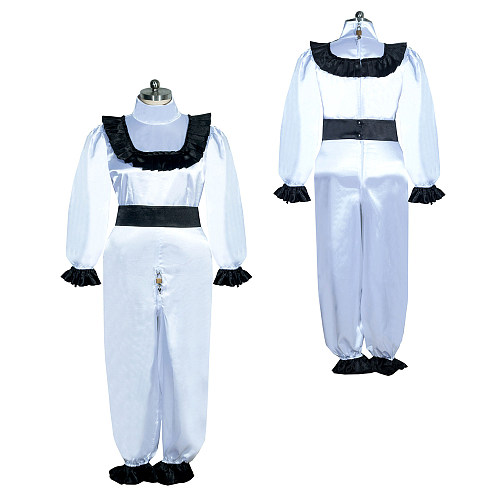 Fondcosplay Lockable Sissy Maid Satin Jumpsuit White with Black Trim Crossdressing Costume [G3938]