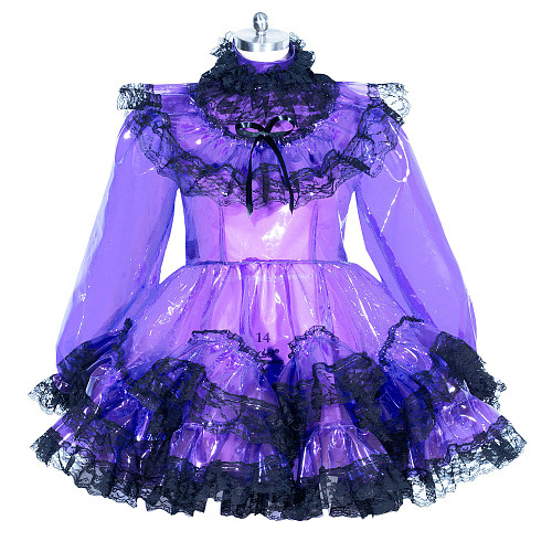 Fondcosplay Lockable Sissy Maid Clear PVC Dress Transparent Purple with Black Lace Crossdressing Costume [G3955]