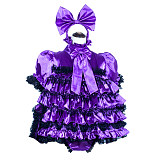 Fondcosplay Lockable Sissy Maid Dress Purple Satin with Panty & Handcuffs Crossdressing Outfit [G3906]