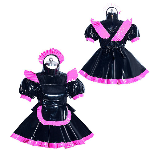 Fondcosplay Lockable Sissy Maid Heavy PVC Dress Black with Hot Pink Trim Crossdressing Costume [G3963]