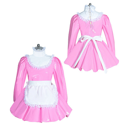 Fondcosplay Lockable Sissy Maid Thin PVC Dress Pink with White Apron Crossdressing Costume [G3959]