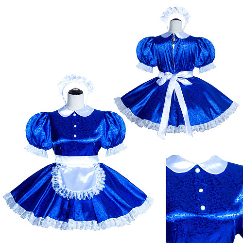 Fondcosplay Handmade Lockable Sissy Maid Dress Blue White Satin Crossdressing Outfit [G4001]