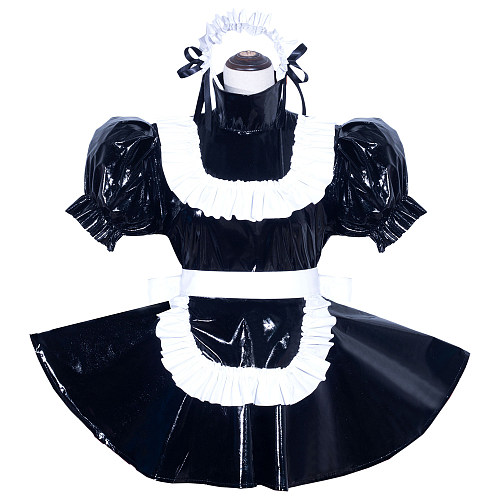 Fondcosplay Lockable Black Thin PVC Sissy Maid Dress with White Ruffles [G3970]