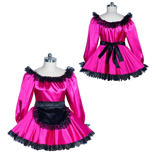Fondcosplay Sissy Maid Satin Dress Hot Pink with Black Lace Crossdressing Costume [G3962]
