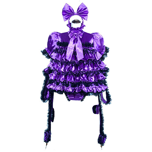 Fondcosplay Lockable Sissy Maid Dress Purple Satin with Panty & Handcuffs Crossdressing Outfit [G3906]