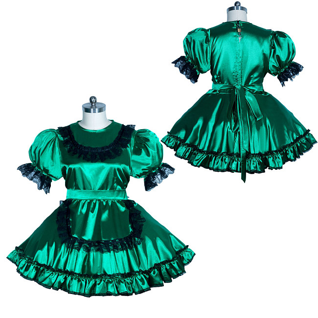 Fondcosplay Lockable Sissy Maid Satin Dress Emerald Green with Black Lace Crossdressing Costume [G3956]