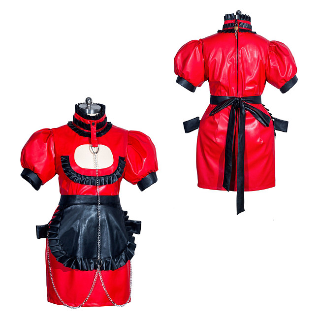 Fondcosplay Lockable Sissy Maid Faux Leather Dress Red and Black Crossdressing Costume with Chains [G3935]