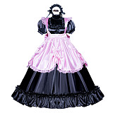 Fondcosplay Handmade Lockable Sissy Maid Dress Black Pink Satin Crossdressing Outfit [G3995]