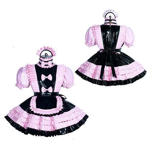 Fondcosplay Lockable Sissy Maid Heavy PVC Dress Black with Pink Trim Crossdressing Costume [G3943]