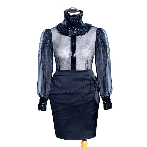 Fondcosplay Handmade Sissy Maid Blouse and Skirt Set Black Organza Satin Crossdressing Outfit [G4005]