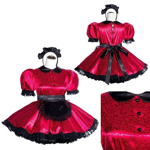 Fondcosplay Handmade Lockable Sissy Maid Dress Red Black Satin Crossdressing Outfit [G4000]