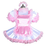 Fondcosplay Lockable Sissy Maid Satin Dress White with Pink Ruffles Crossdressing Costume [G3961]