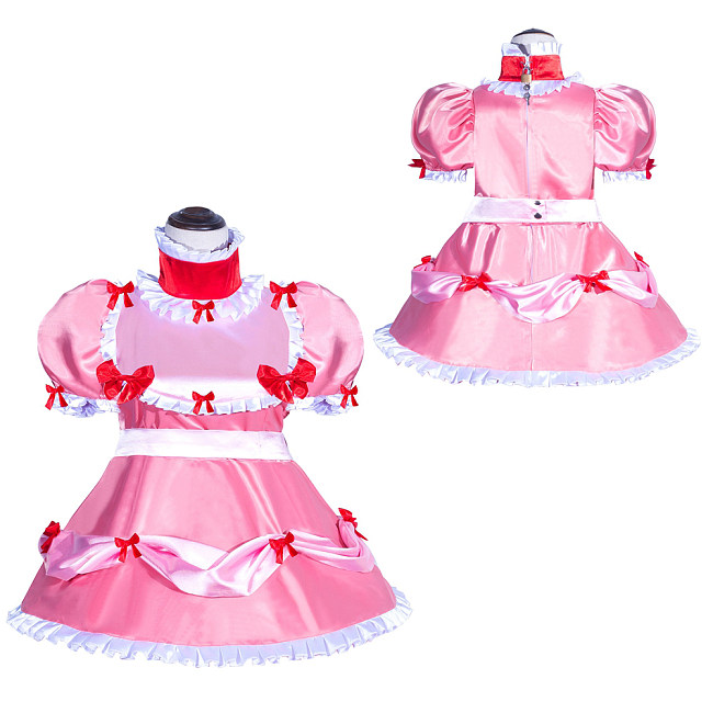 Fondcosplay Handmade Lockable Sissy Maid Dress Pink Satin with Red Bows Crossdressing Outfit [G3998]