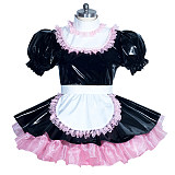 Fondcosplay Lockable Sissy Maid Thin PVC Dress Black with Pink Trim Crossdressing Costume [G3940]