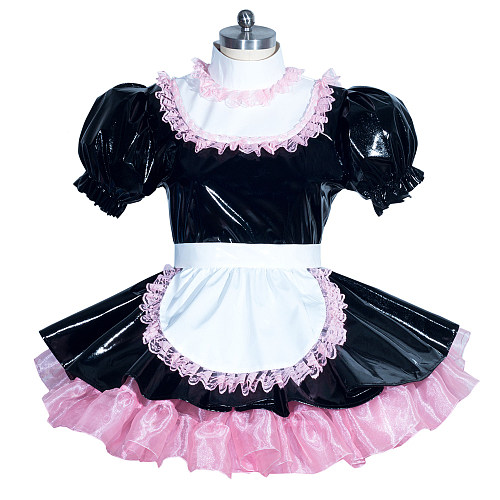 Fondcosplay Lockable Sissy Maid Thin PVC Dress Black with Pink Trim Crossdressing Costume [G3940]