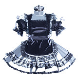 Fondcosplay Lockable Sissy Maid Satin Dress Black and Silver Crossdressing Costume [G3932]