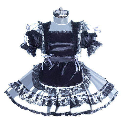 Fondcosplay Lockable Sissy Maid Satin Dress Black and Silver Crossdressing Costume [G3932]