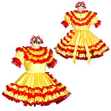 Fondcosplay Lockable Sissy Maid Satin Dress Yellow with Red Lace Crossdressing Costume [G3942]