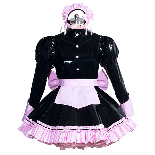Fondcosplay Lockable Sissy Maid Heavy PVC Dress Black with Pink Trim Crossdressing Costume [G3947]