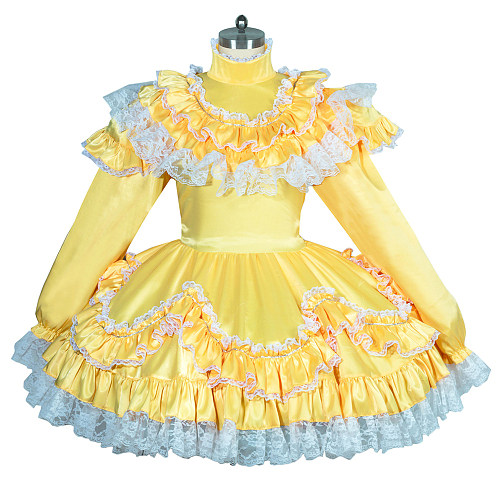 Fondcosplay Satin Lockable Yellow Sissy Maid Dress with Ruffles and Lace [G3918]