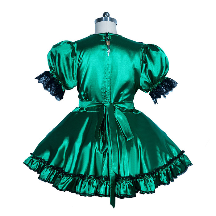 Fondcosplay Lockable Sissy Maid Satin Dress Emerald Green with Black Lace  Crossdressing Costume