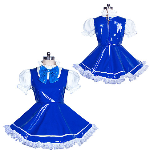 Fondcosplay Lockable Sissy Maid Dress Royal Blue & White Heavy PVC Crossdressing Outfit [G3907]