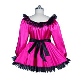 Fondcosplay Sissy Maid Satin Dress Hot Pink with Black Lace Crossdressing Costume [G3962]