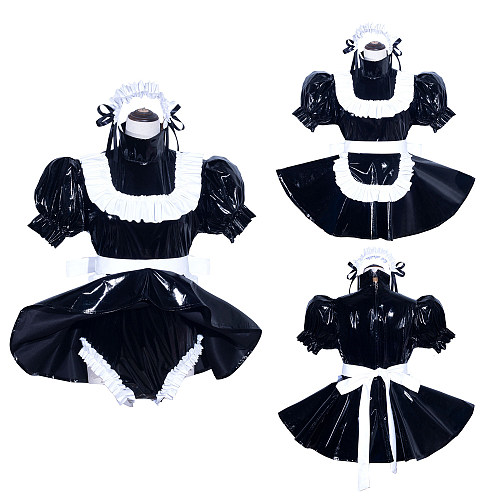 Fondcosplay Lockable Black Thin PVC Sissy Maid Dress with White Ruffles [G3970]