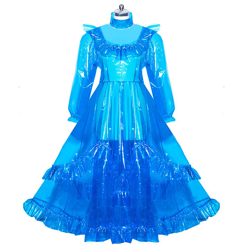 Fondcosplay Clear PVC Lockable Long Sissy Maid Dress in Transparent Blue [G3917]