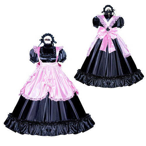 Fondcosplay Handmade Lockable Sissy Maid Dress Black Pink Satin Crossdressing Outfit [G3995]