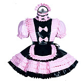 Fondcosplay Lockable Sissy Maid Heavy PVC Dress Black with Pink Trim Crossdressing Costume [G3943]