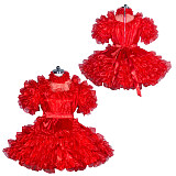 Fondcosplay Lockable Sissy Maid Satin and Organza Dress Red Crossdressing Costume with Veil [G3939]