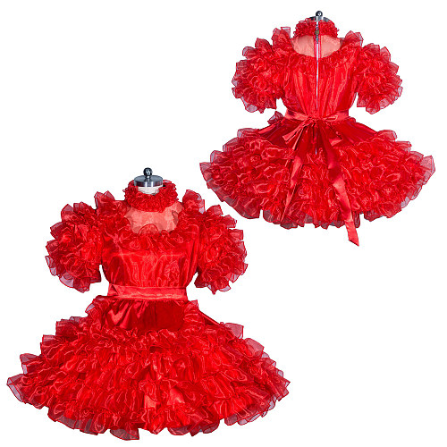 Fondcosplay Lockable Sissy Maid Satin and Organza Dress Red Crossdressing Costume with Veil [G3939]