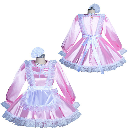 Fondcosplay Lockable Sissy Maid Satin Dress Light Pink Crossdressing Costume with Apron [G3931]