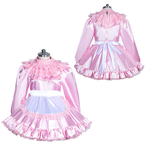 Fondcosplay Lockable Sissy Maid Satin Long Sleeve Dress Light Pink Crossdressing Costume [G3957]