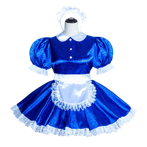 Fondcosplay Handmade Lockable Sissy Maid Dress Blue White Satin Crossdressing Outfit [G4001]