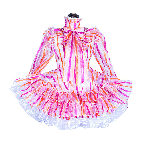 Fondcosplay Handmade Sissy Maid Crossdressing Lockable Striped Organza Dress Costume [G4046]