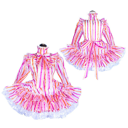 Fondcosplay Handmade Sissy Maid Crossdressing Lockable Striped Organza Dress Costume [G4046]