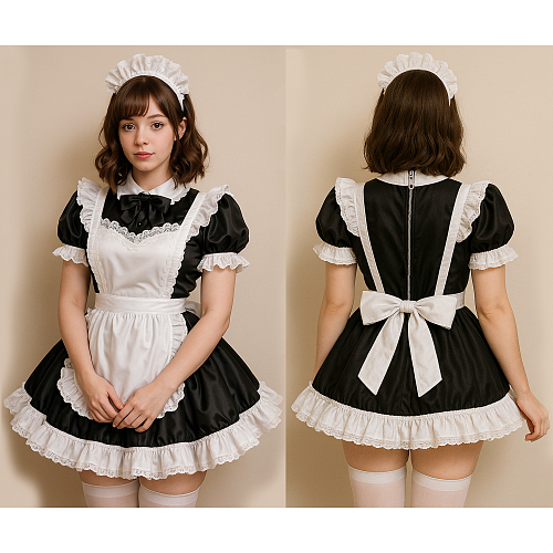fondcosplay Lockable Sissy Maid Satin Dress – Crossdressing Black & White French Maid Outfit [G4084]