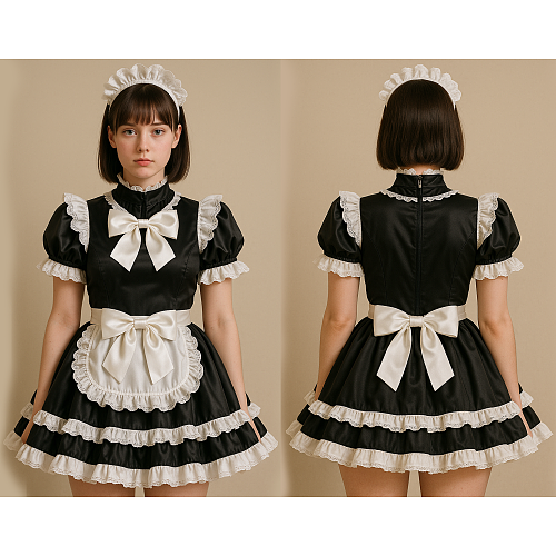 fondcosplay Lockable Sissy Maid Satin Dress – Crossdressing Deluxe Black & White French Maid Costume [G4085]