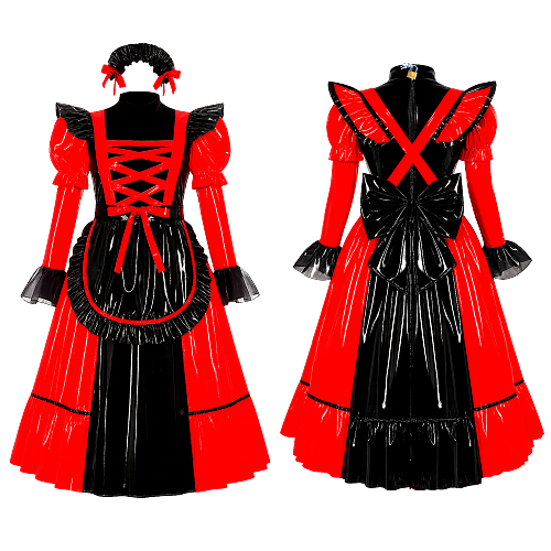 Fondcosplay Lockable Sissy Maid Crossdressing Red and Black Thin PVC Long Dress [G4088]