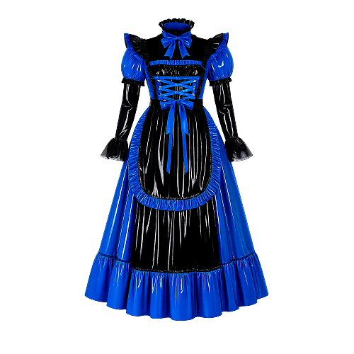 Fondcosplay Lockable Sissy Maid Crossdressing Blue and Black Thin PVC Long Dress [G4089]