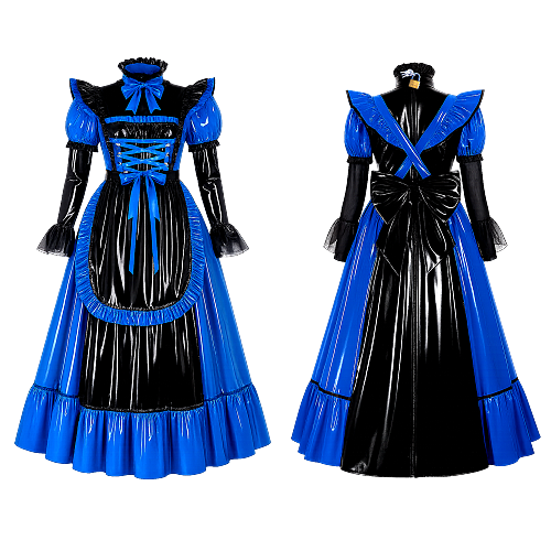 Fondcosplay Lockable Sissy Maid Crossdressing Blue and Black Thin PVC Long Dress [G4089]
