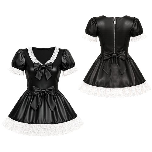 Fondcosplay Lockable Sissy Maid Crossdressing Faux Leather Dress Black with Lace [G4087]