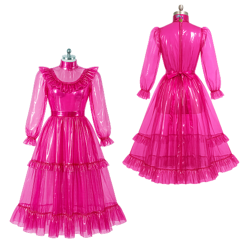 Fondcosplay Lockable Sissy Maid Crossdressing Hot Pink Clear PVC Long Dress [G4091]