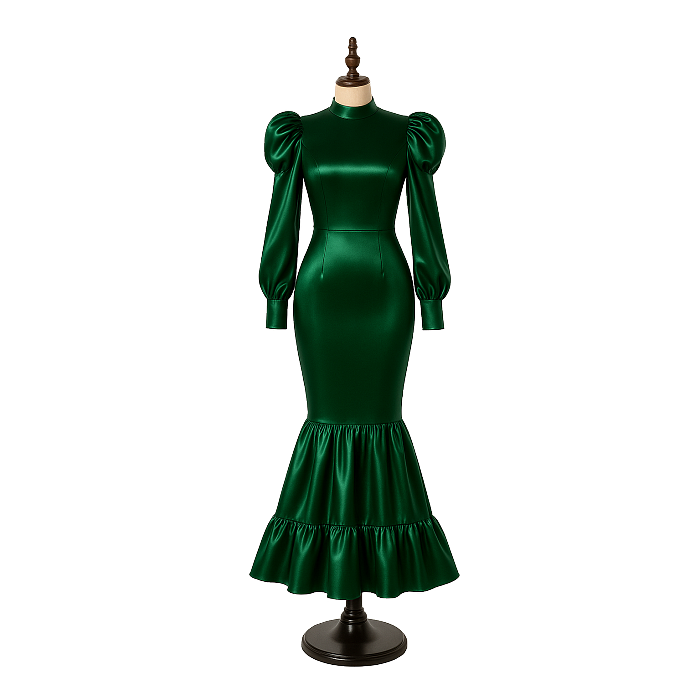Fondcosplay Lockable Sissy Maid Crossdressing Dark Green Satin Long Dress  [G4093]