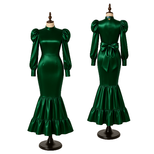 Fondcosplay Lockable Sissy Maid Crossdressing Dark Green Satin Long Dress [G4093]