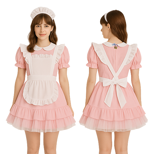 Fondcosplay Lockable Sissy Maid Crossdressing Pink Cotton Short Dress with White Apron [G4095]